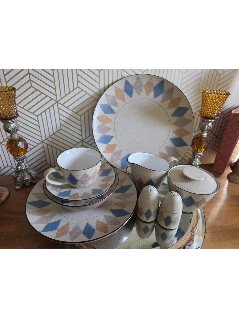 Vintage Ucagco Revelry Stoneware Diamond Design Dinnerware 1970s Rare 62pc